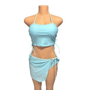 Tahari 3pc Swim Set Aqua Mist Blue Tankini‎ Skirt Halter Tie Bikini Top